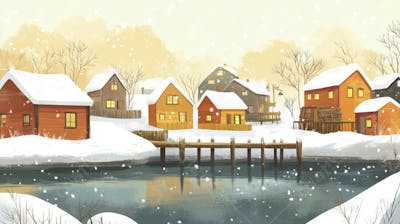 Ilustração Digital de Vila de Pescadores no Inverno com Casas Coloridas e Neve Caindo