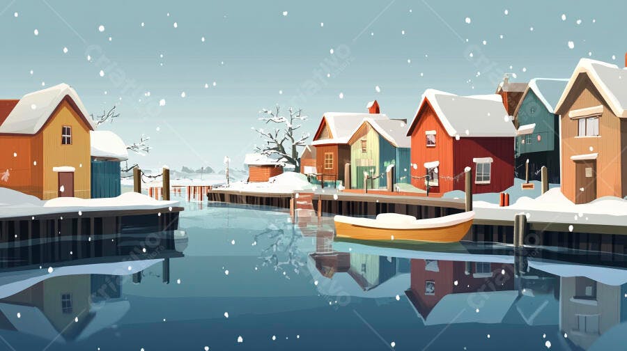 Casinhas de inverno nevadas em canal