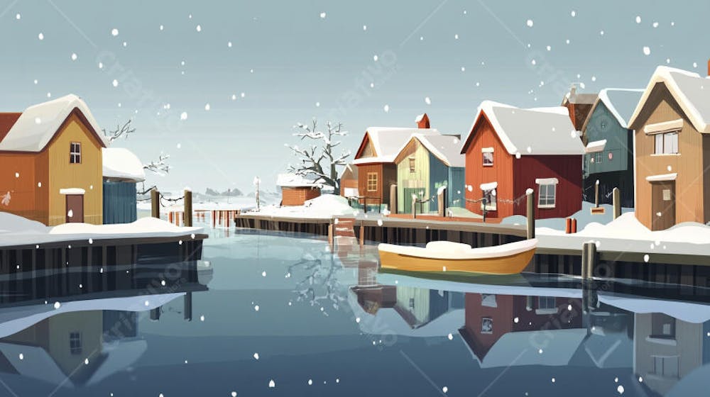 Ilustração Digital de Vila de Pescadores no Inverno com Casas Coloridas e Neve Caindo