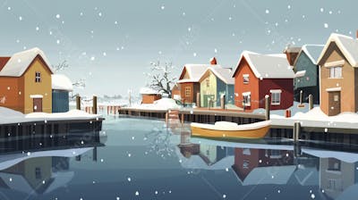 Ilustração Digital de Vila de Pescadores no Inverno com Casas Coloridas e Neve Caindo