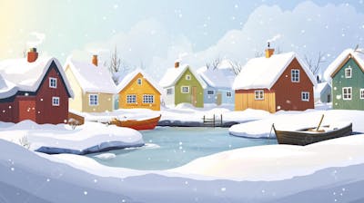 Ilustração Digital de Vila de Pescadores no Inverno com Casas Coloridas e Neve Caindo