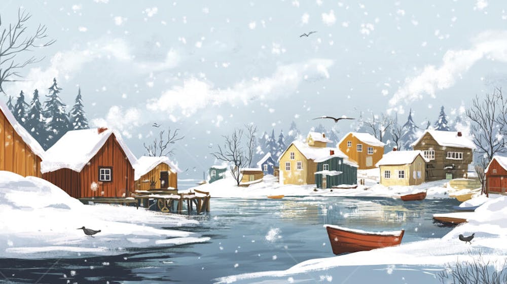 Ilustração Digital de Vila de Pescadores no Inverno com Casas Coloridas e Neve Caindo