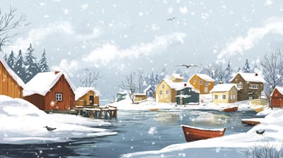 Ilustração Digital de Vila de Pescadores no Inverno com Casas Coloridas e Neve Caindo