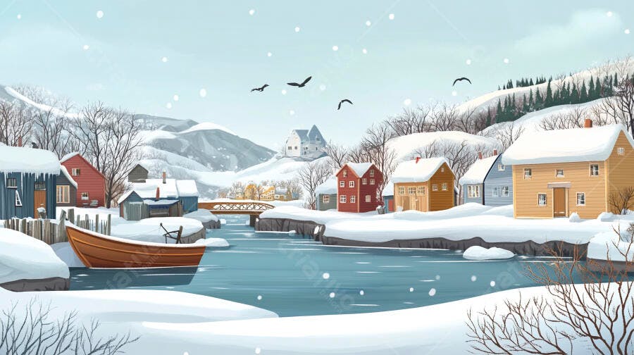 Vila de inverno rio congelado casas nevadas