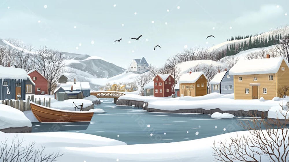 Ilustração Digital de Vila de Pescadores no Inverno com Casas Coloridas e Neve Caindo