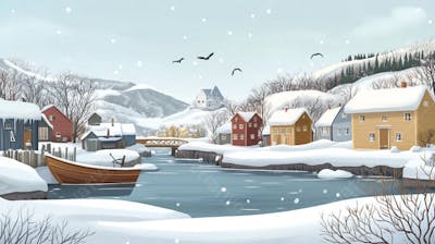 Ilustração Digital de Vila de Pescadores no Inverno com Casas Coloridas e Neve Caindo