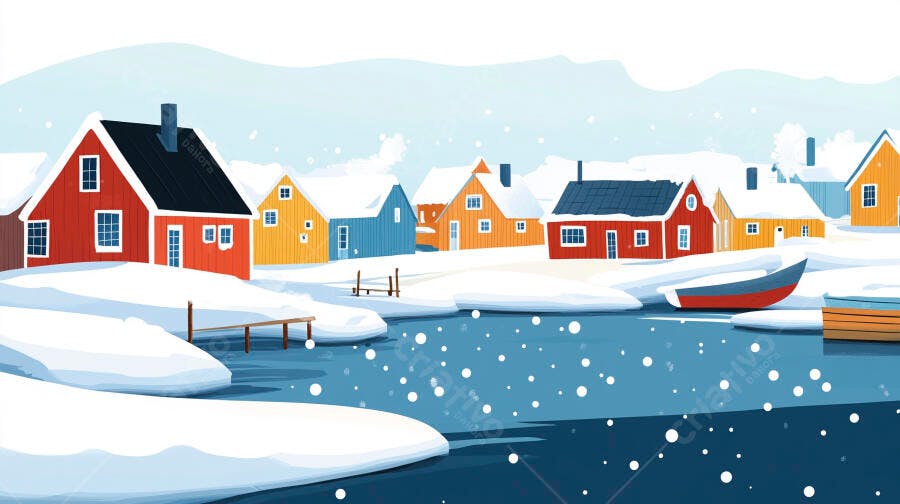 Casas coloridas em vilarejo nevado
