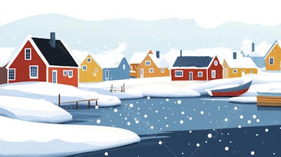 Ilustração Digital de Vila de Pescadores no Inverno com Casas Coloridas e Neve Caindo