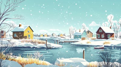 Ilustração Digital de Vila de Pescadores no Inverno com Casas Coloridas e Neve Caindo