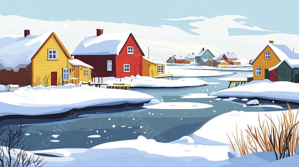 Ilustração Digital de Vila de Pescadores no Inverno com Casas Coloridas e Neve Caindo