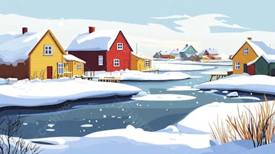 Ilustração Digital de Vila de Pescadores no Inverno com Casas Coloridas e Neve Caindo