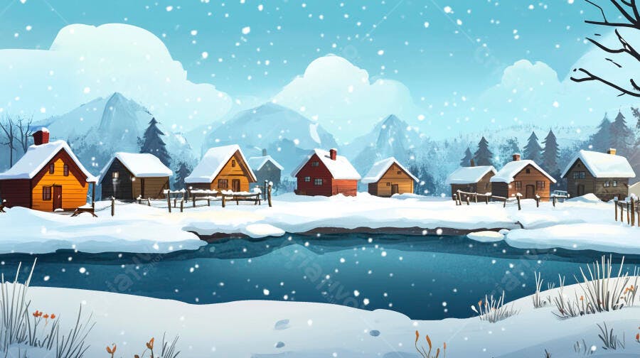 Casinhas de inverno nevando rio congelado