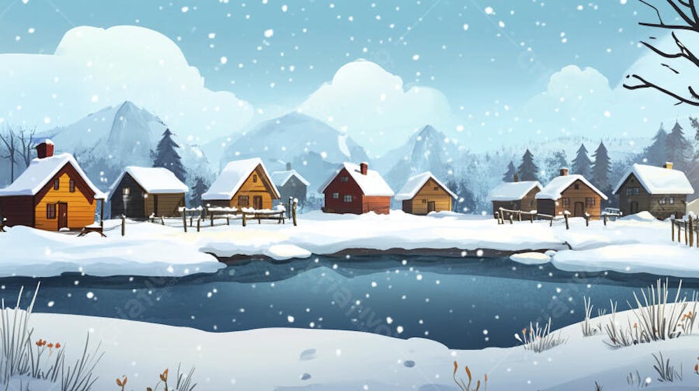 Ilustração Digital de Vila de Pescadores no Inverno com Casas Coloridas e Neve Caindo