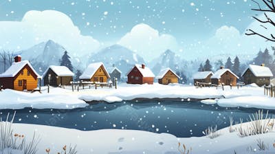 Ilustração Digital de Vila de Pescadores no Inverno com Casas Coloridas e Neve Caindo