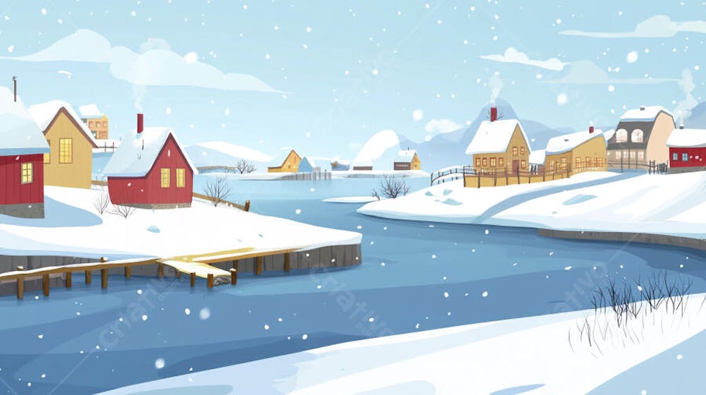 Ilustração Digital de Vila de Pescadores no Inverno com Casas Coloridas e Neve Caindo