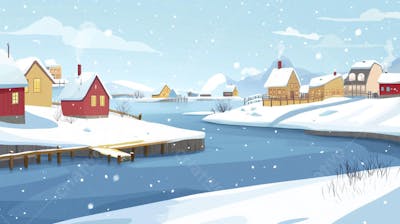 Ilustração Digital de Vila de Pescadores no Inverno com Casas Coloridas e Neve Caindo