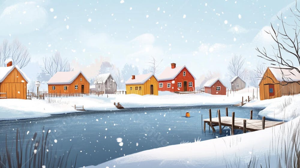 Ilustração Digital de Vila de Pescadores no Inverno com Casas Coloridas e Neve Caindo