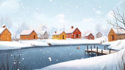 Ilustração Digital de Vila de Pescadores no Inverno com Casas Coloridas e Neve Caindo