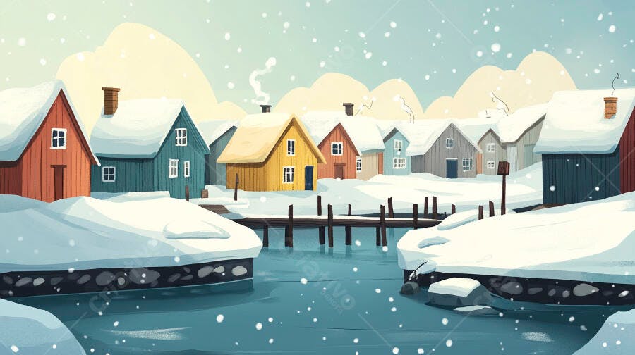 Casinhas coloridas na neve paisagem de inverno