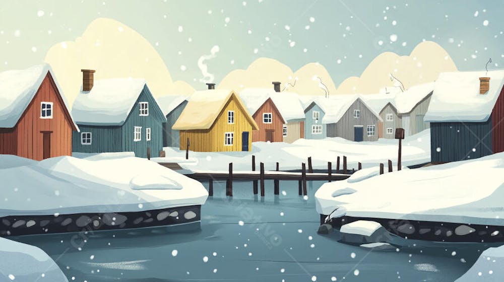 Ilustração Digital de Vila de Pescadores no Inverno com Casas Coloridas e Neve Caindo