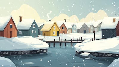 Ilustração Digital de Vila de Pescadores no Inverno com Casas Coloridas e Neve Caindo