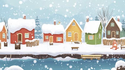 Ilustração Digital de Vila de Pescadores no Inverno com Casas Coloridas e Neve Caindo