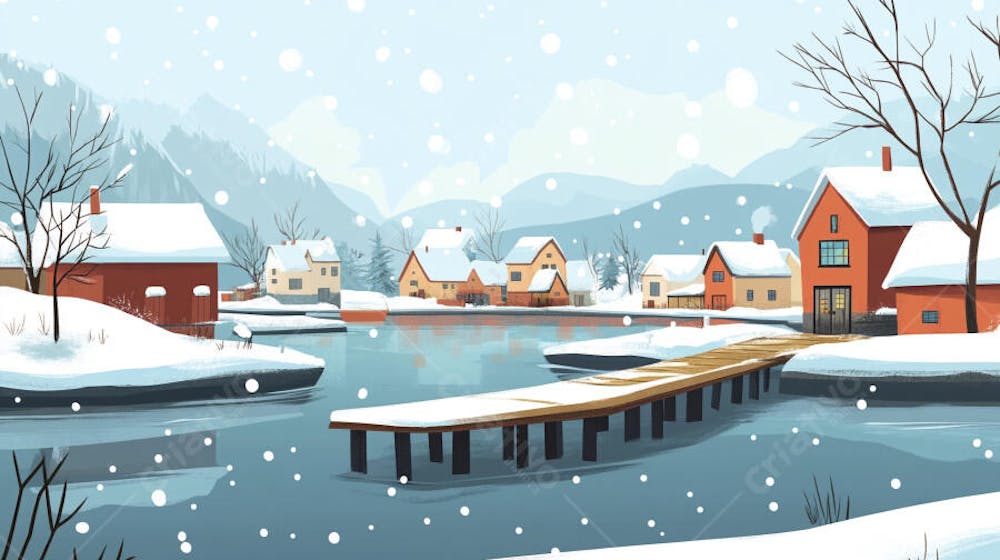Ilustração Digital de Vila de Pescadores no Inverno com Casas Coloridas e Neve Caindo