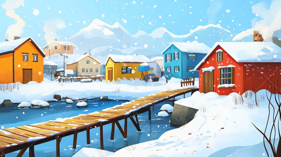 Casas coloridas em vilarejo nevado