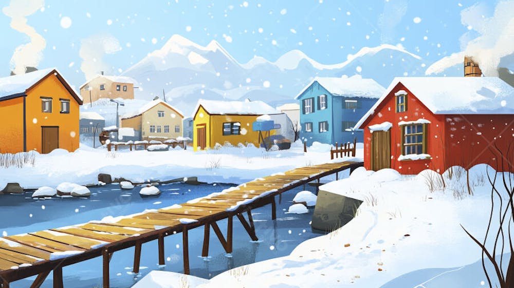 Ilustração Digital de Vila de Pescadores no Inverno com Casas Coloridas e Neve Caindo