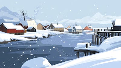 Ilustração Digital de Vila de Pescadores no Inverno com Casas Coloridas e Neve Caindo