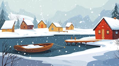 Ilustração Digital de Vila de Pescadores no Inverno com Casas Coloridas e Neve Caindo