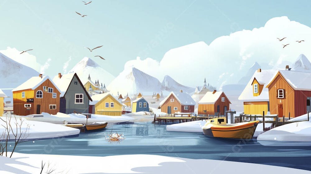Ilustração Digital de Vila de Pescadores no Inverno com Casas Coloridas e Neve Caindo