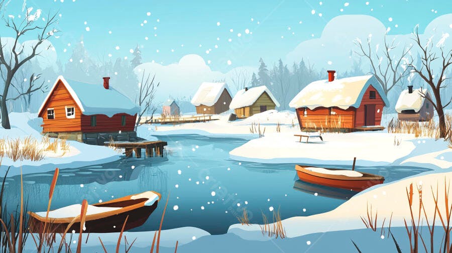 Casinhas de inverno na neve com lago congelado