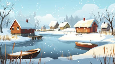 Ilustração Digital de Vila de Pescadores no Inverno com Casas Coloridas e Neve Caindo