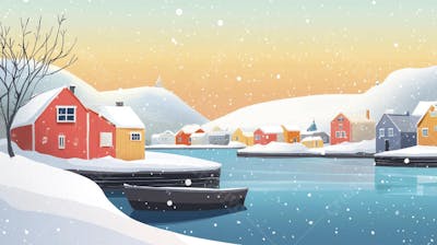 Ilustração Digital de Vila de Pescadores no Inverno com Casas Coloridas e Neve Caindo