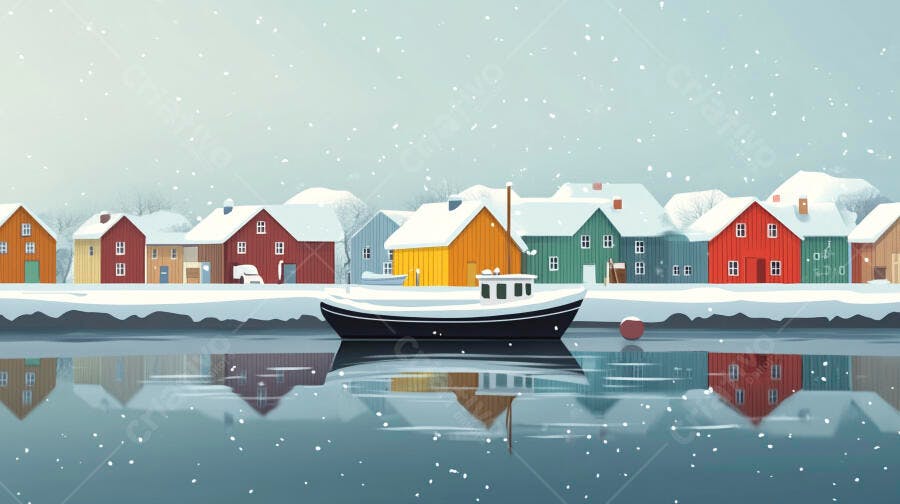 Vilarejo nevado com barco no inverno