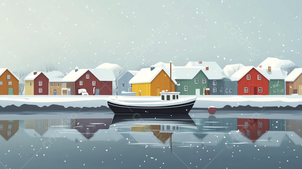 Ilustração Digital de Vila de Pescadores no Inverno com Casas Coloridas e Neve Caindo