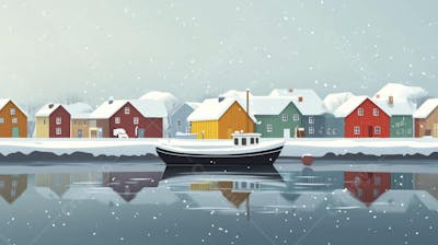 Ilustração Digital de Vila de Pescadores no Inverno com Casas Coloridas e Neve Caindo