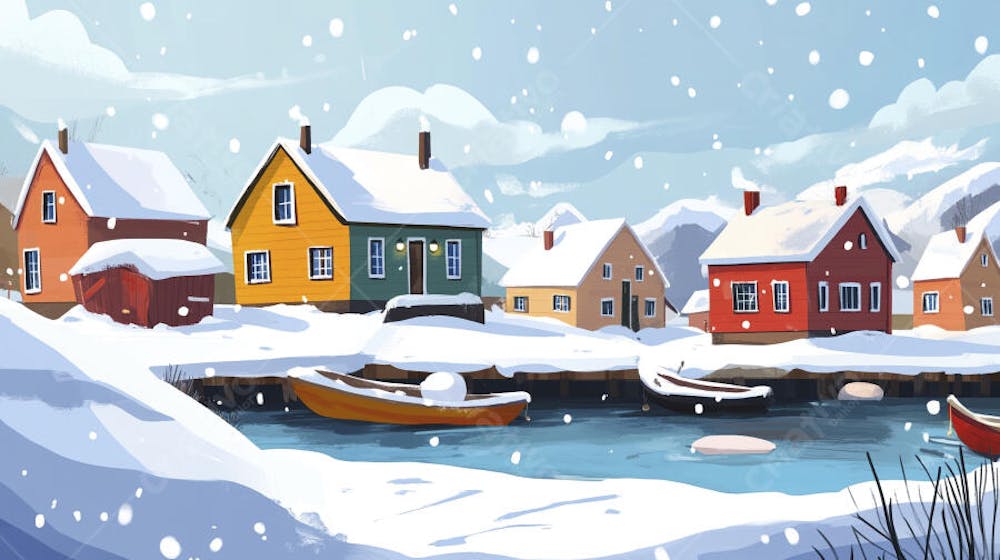 Ilustração Digital de Vila de Pescadores no Inverno com Casas Coloridas e Neve Caindo