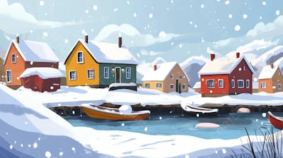 Ilustração Digital de Vila de Pescadores no Inverno com Casas Coloridas e Neve Caindo