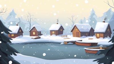 Ilustração Digital de Vila de Pescadores no Inverno com Casas Coloridas e Neve Caindo
