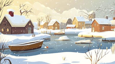 Ilustração Digital de Vila de Pescadores no Inverno com Casas Coloridas e Neve Caindo