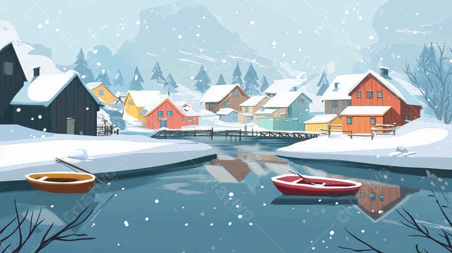 Vila de inverno casas coloridas neve rio barcos