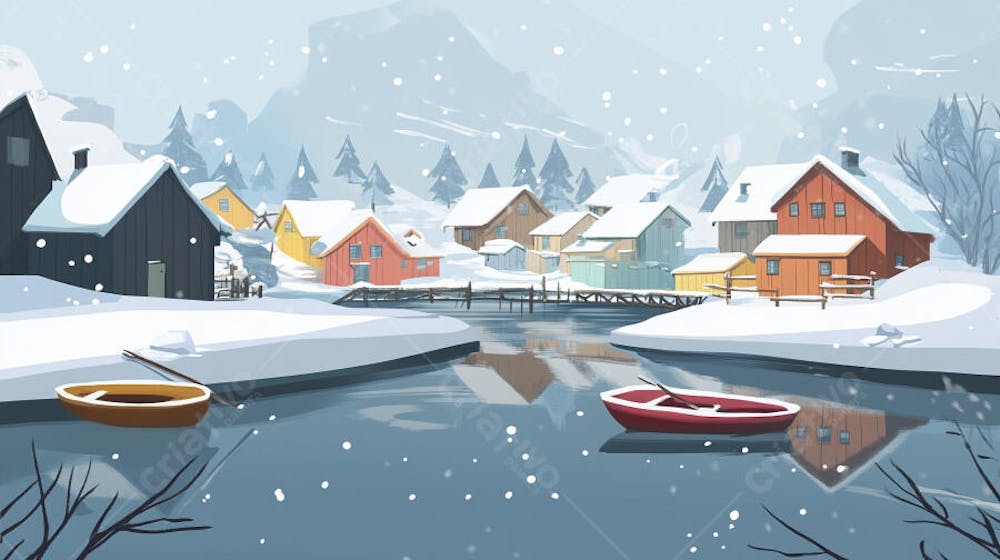 Ilustração Digital de Vila de Pescadores no Inverno com Casas Coloridas e Neve Caindo