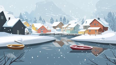 Ilustração Digital de Vila de Pescadores no Inverno com Casas Coloridas e Neve Caindo