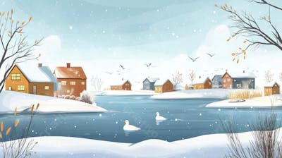 Ilustração Digital de Vila de Pescadores no Inverno com Casas Coloridas e Neve Caindo