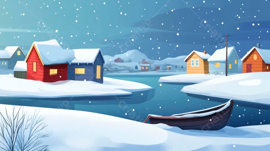 Casas nevadas em vilarejo invernal