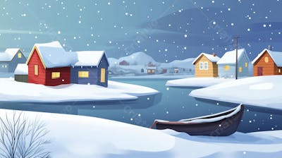 Ilustração Digital de Vila de Pescadores no Inverno com Casas Coloridas e Neve Caindo