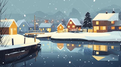 Ilustração Digital de Vila de Pescadores no Inverno com Casas Coloridas e Neve Caindo