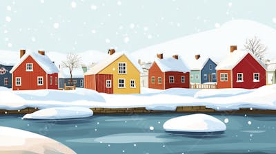 Ilustração Digital de Vila de Pescadores no Inverno com Casas Coloridas e Neve Caindo